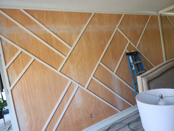 Geometric wood accent wall